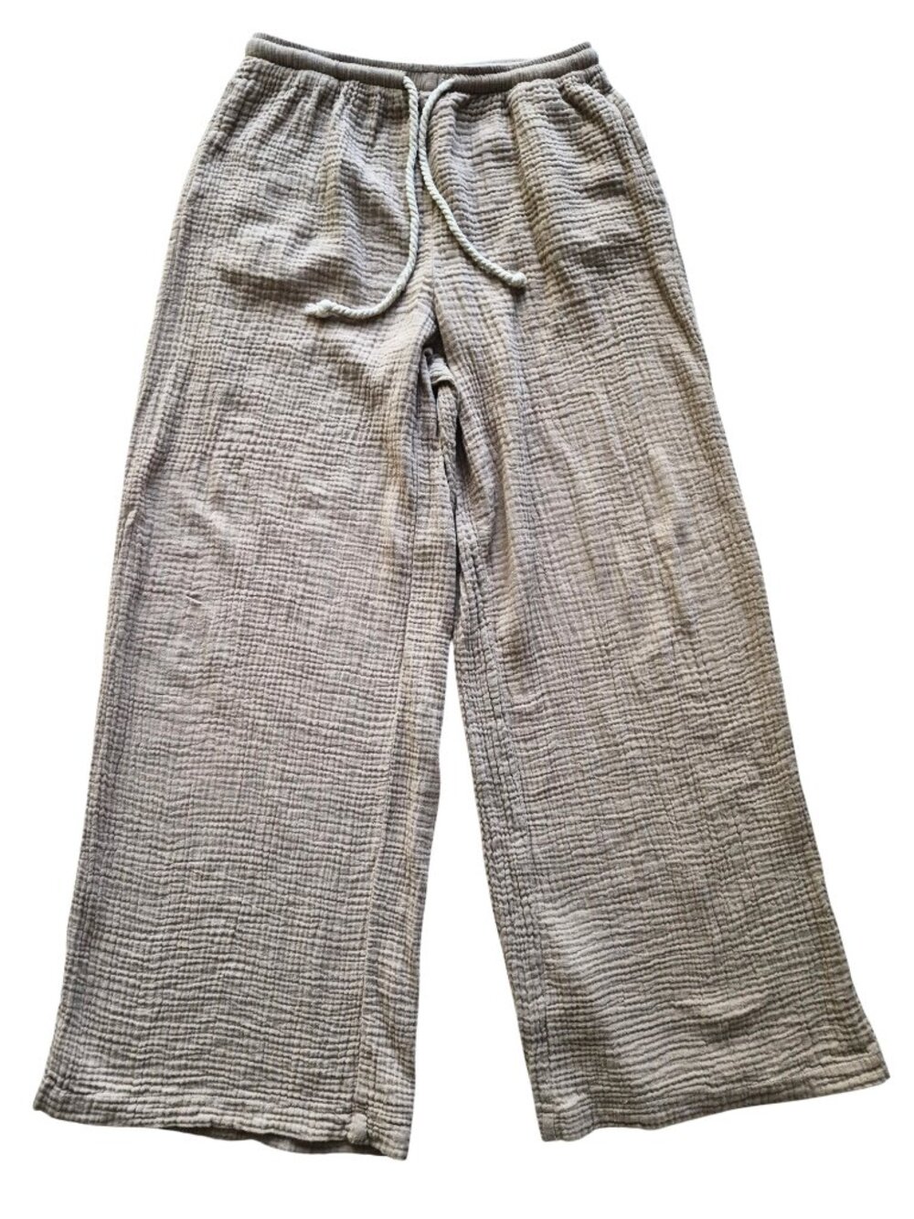 Cotton Gauze Beige Drawstring Waffle Texture Lightweight Wide Leg Ankle Length M - Picture 2 of 13